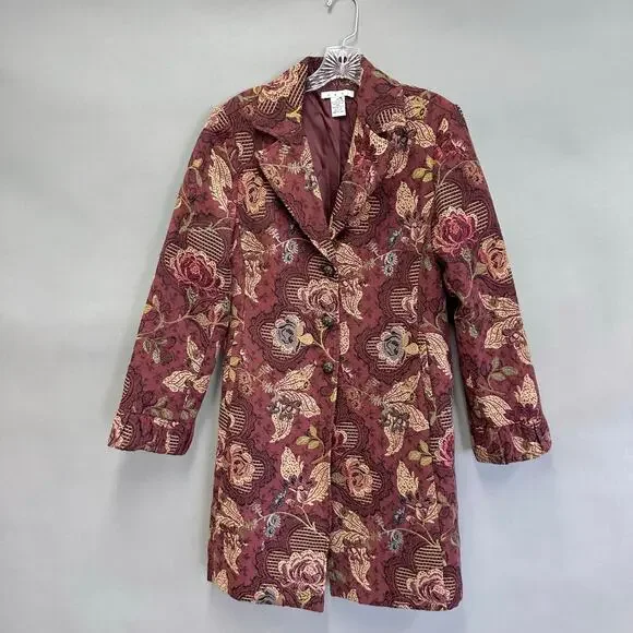 CAbi burgundy Jacobean burgundy floral jacquard tapestry long jacket Size 14